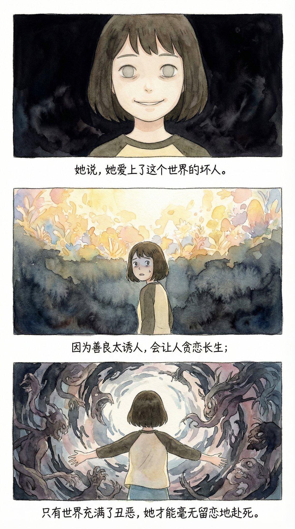她说，她爱上了这个世界的坏人。因为善良太诱人，会让人贪恋长生；只有世界充满了丑恶，她才能毫无留恋地赴死。