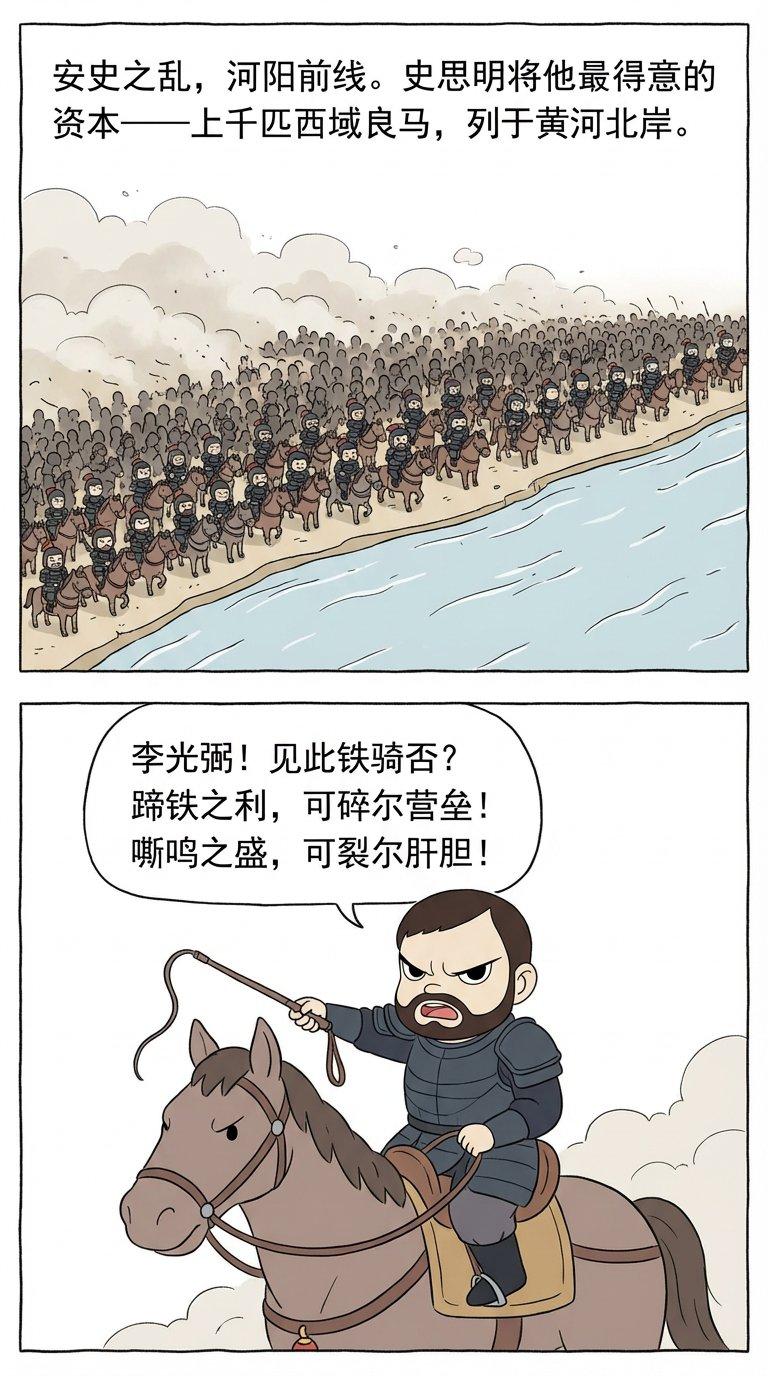 安史之乱，河阳前线。史思明将他最得意的资本—上千匹西域良马，列于黄河北岸。李光粥！见此铁骑否？蹄铁之利，可碎尔营垒！嘶鸣之盛，可裂尔肝胆！