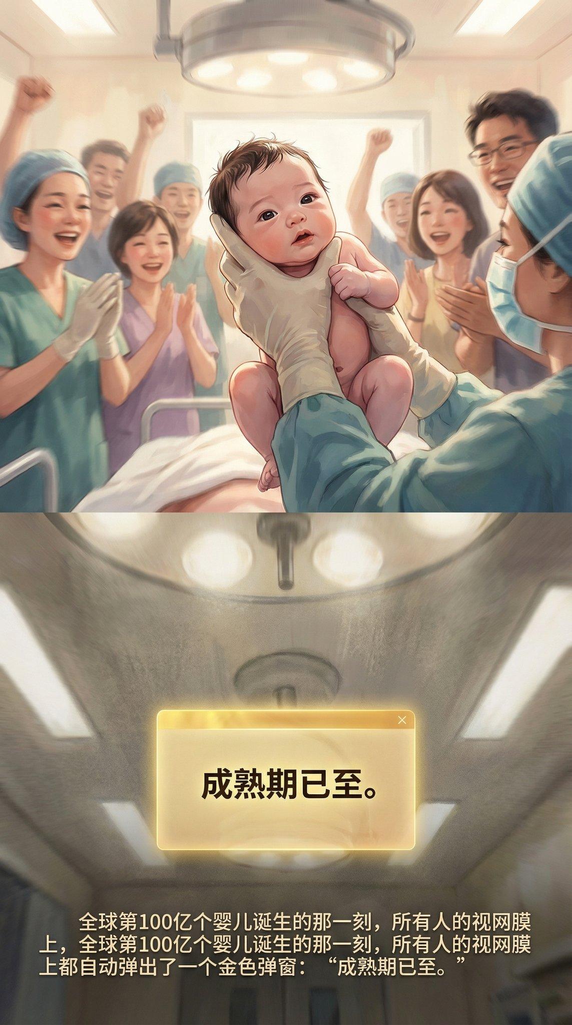 成熟期已至。全球第100亿个婴儿诞生的那一刻，所有人的视网膜全球第100亿个婴儿诞生的那一刻，所有人的视网膜上都自动弹出了一个金色弹窗：“成熟期已至。