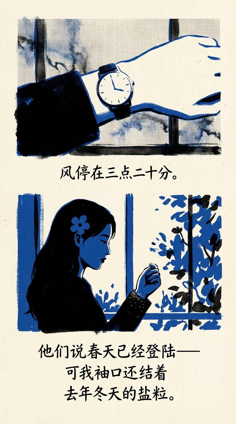 风停在三点二十分。他们说春天已经登陆可我袖口还结着去年冬天的盐粒。