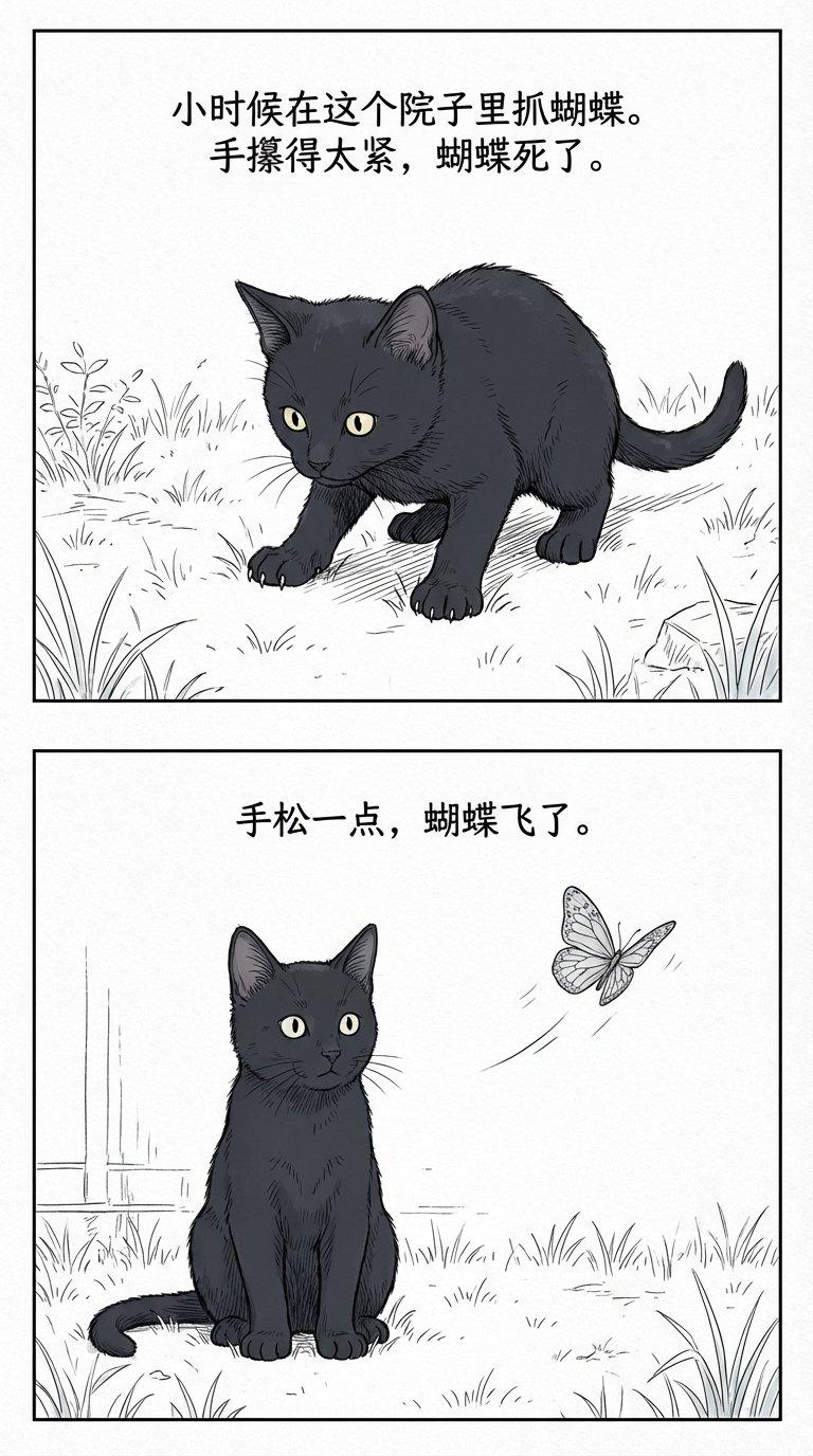 小时候在这个院子里抓蝴蝶。手擦得太紧，蝴蝶死了。手松一点，蝴蝶飞了。