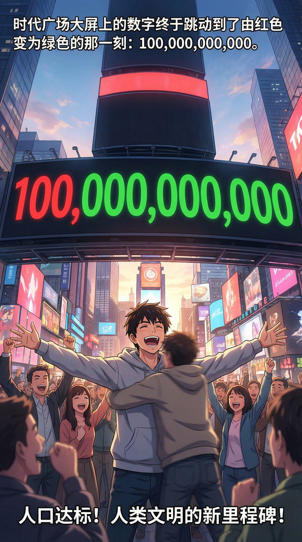 时代广场大屏上的数字终于跳动到了由红色变为绿色的那一刻：100000000,000。100,000,000000人口达标！人类文明的新里程碑!