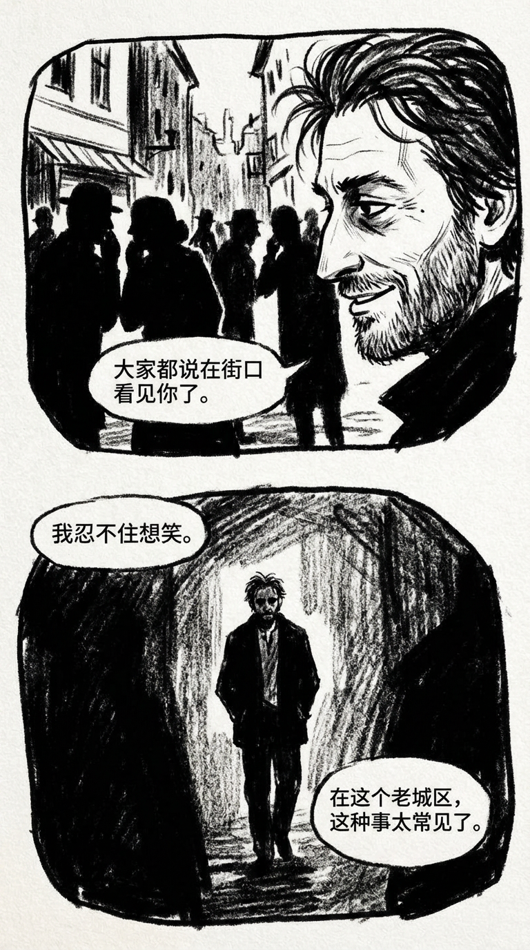 大家都说在街口看见你了。我忍不住想笑。在这个老城区，这种事太常见了。